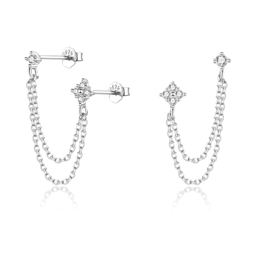 Lansora Double Piercing Earrings Silver Gold Cz Cubic Zirconia Stone Chain Link Dangle Stud Earrings
