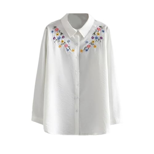 Women Lapel Floral Embroidery Shirts Loose Long Sleeve Button Down Cotton Blouses Tops