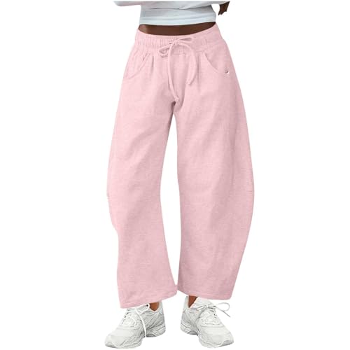 Womens Barrel Leg Sweatpants Drawstring Elastic Waist Workout Trousers Baggy Casual Cotton Palazzo Pants with Pockets