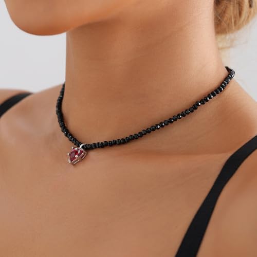 Octwine Vintage Black Crystals Choker Necklaces Trendy Retro Beads Round Chunky Short Simple Red Love Pendant Necklace Dainty Chunky Halloween Black Choker Necklaces for Women3