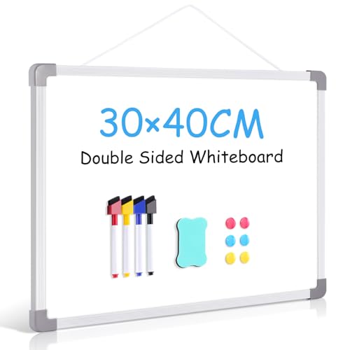 QUEENLINK Pizarra blanca pequeña de 30 x 40 cm, pizarra blanca magnética de doble cara, marco de plástico para colgar, mini pizarra de borrado en seco para pared, tablero de escritura portátil