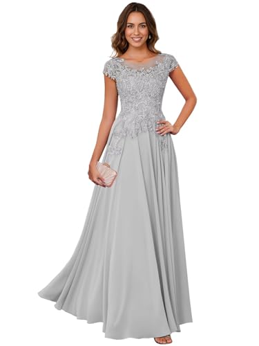 Image of Lace Applique Chiffon Mother of Bride Dresses - Short Sleeve Pleated Long Mother of The Groom Dress