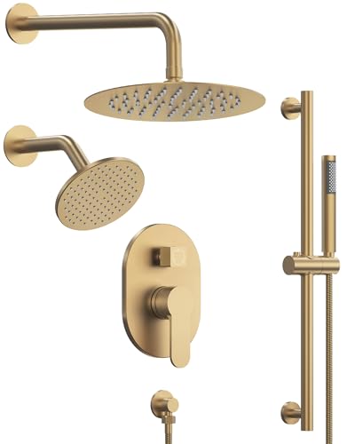 Set de Ducha con Cabezal Dual de Lluvia de 10" y Rociador Manual, Sistema de Ducha Redondo con Barra Deslizante, acabado Dorado Cepillado miniatura 1