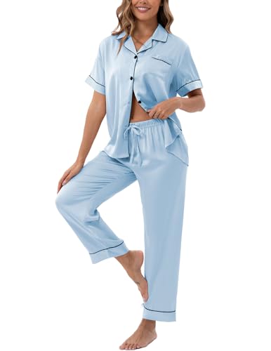 Image of UMBY Silk Satin Pajamas for Women Set 2 Piece button down Soft Silk Pjs Sets Cozy Silky Pajama Short Sleeve