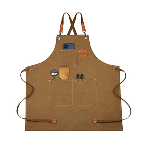 Morwealth Tablier de barbecue pour homme - En toile allongée - Étanche - Design croisé - Tablier de soudage - Tablier de cuisine pour hommes et femmes, marron Cover