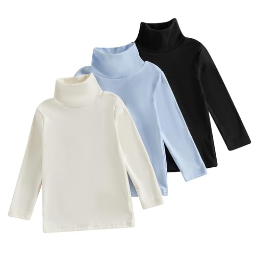 Girls Casual Tops Long Sleeve Turtleneck T-Shirt Basic Solid Color Blouse Outfit for Toddler Baby Girl 1-6 Years(3 Pack-Black+White+Blue 3-4T)