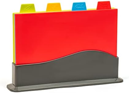 Plastic Cutting Boards for Kitchen - Colorful Flexible Cutting Mats for Cooking With Ventilated Storage Stand - Anti-Skid BPA-Free Chopping Mats for Fruits, Vegetables, Meats, Seafood & More - 4 Pack