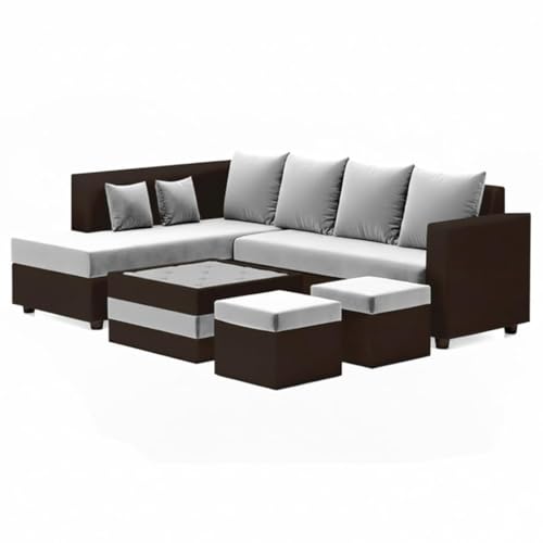 Image of CASASTYLE Stylify 8 Seater Fabric LHS L Shape Sofa Set with 1 Centre Table & 2 Ottoman (Light Grey-Dark Brown) 8 Person Seating with Premium Velvet Finish | Ideal for Living Rooms
