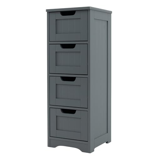 COSTWAY Bathroom Floor Cabinet, Freestanding Wooden Storage Cupboard with 2/4 Drawers, Bathroom Storage Unit Slim Side Cabinet Organizer for Living Room and Hallway (4 Drawers, Grey)