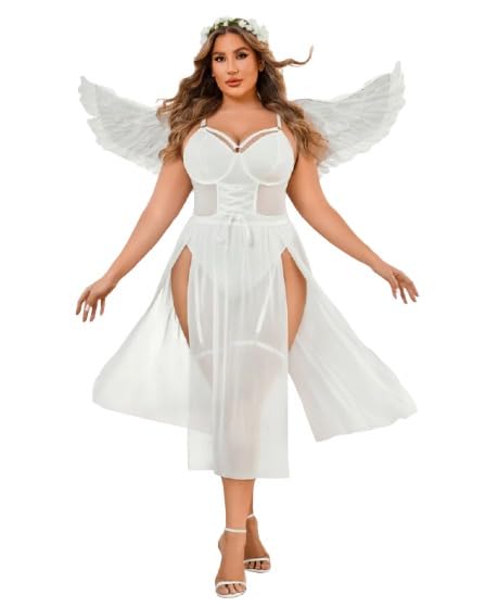 chicklick Plus Size Sheer Mesh Bodysuit with Corset Detail and High Slit Dress, Black (White, Double Extra Large)-picture-37