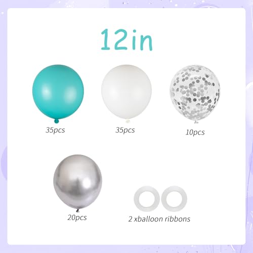 Image of 100pcs Teal Blue White Silver Confetti Balloons, 12inch Turquoise, White, Metallic & Glitter Latex Balloons for Wedding Birthday Baby Shower Party Decoration