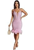 Figdaw Sequin Cocktail Dress with Feathers Hem Rhinestone Birthday Dresses for Women Sexy Party Night Sparkly,Pink,M,C6609