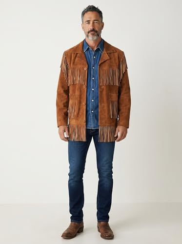 Image of Men's Suede Fringe Jacket Western Cowboy Style Genuine Leather Coat with Button Closure, Black Brown Cognac