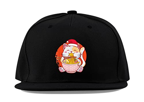 Casquette respirante visière plate noire broderie chat ramen en coton