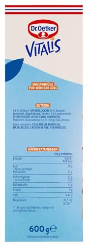 Dr. Oetker Vitalis Weniger süß Knusper Pur, Knuspermüsli mit 30% weniger Zucker, 5er Pack (5 x 600 g)