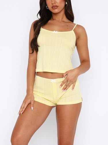 Image of Women's Two Piece Outfit Lace Trim Top and Shorts Set 2 Piece Lounge Sets Ladies PJs Summer Clothes