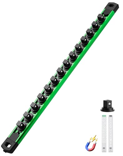 Image of ALOANES Magnetic Socket Organizer Set, 3 /8-Inch Drive Heavy Duty Aluminum Socket Rail Organizer, 360 Swivel Clips Socket Holder Kit for Toolbox Drawer Fit 3 /8-Inch x 14 Clips (Green, 1PC)