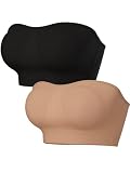 BINACL Strapless Bra for Women, Seamless Wirefree Bralette, Invisible Non-Slip Padded Bandeau Tube Top, Black+Beige 3XL