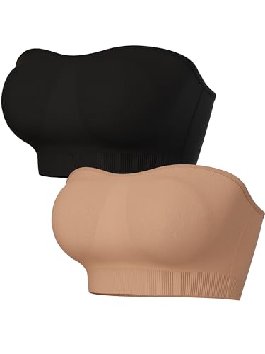 BINACL Strapless Bra for Women, Seamless Wirefree Bralette, Invisible Non-Slip Padded Bandeau Tube Top, Black+Beige 3XL