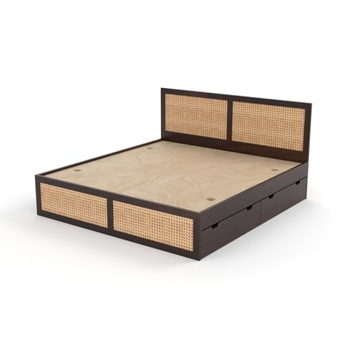 Image of Sheesham Wood Cane Bed with Drawer Storage for Bedroom | King Size Wooden Double Bed Palang with Rattan Headboard & Footboard (Walnut Finish)