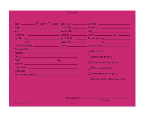 Printed Vehicle Deal Envelopes 9x12 Deal Jackets (100 shrink wrapped) (Fuchsia)