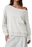 QINSEN Oversized Sweatshirts for Women Loose Fit Off The Shoulder Pullover Sweaters Y2k Hoodies White M