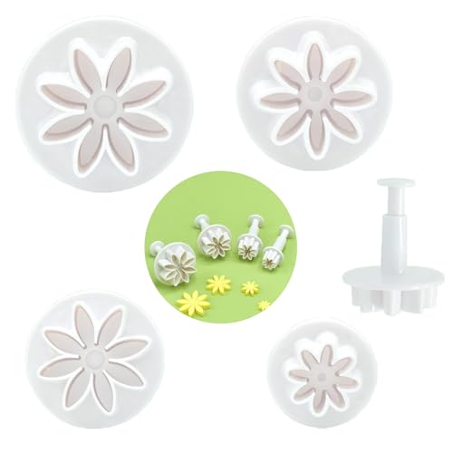 4 PCS Daisy Fondant Cutter Flower Cookie Cutters Chrysanthemum Plunger Cutters Cute Dessert Decorating Accessories DIY Summer Cookie Cutters Tools for Biscuits, Sugar Cubes, Chocolate Cake Decoration