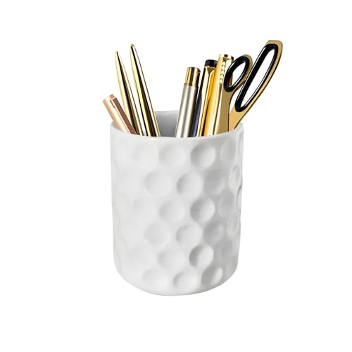 TANZOIJI Round Ceramic Pen Holder, White Desk Organizer, Cute Pencil Cup for Office, Home, Makeup Brushes, Gift for Girls, Kids, Women