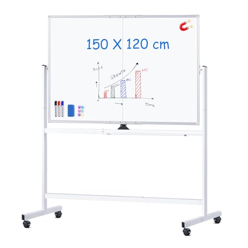 maxtek Tableau Blanc Mobile 150 x 120 cm, Grand Tableau Blanc Magnétique avec Supports, Double Face Effaçable à Sec, Cadre en Aluminium pour l'école à...