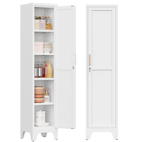 Image of 67 inchH White Metal Locker with 1 Lockable Door and 4 Adjustable Shelves For Employees, 5 Tier Small Storage Cabinet with Detachable Legs and Vintage Handle for Kitchen,Office,Gym,School,Easy Assembly