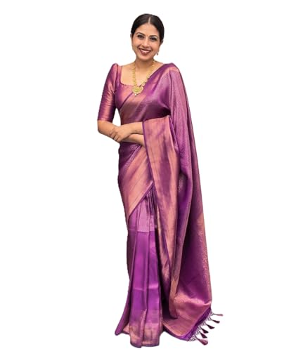 Image of Flosive Purple Banarasi Silk Saree for Women with Zari Work Wedding
