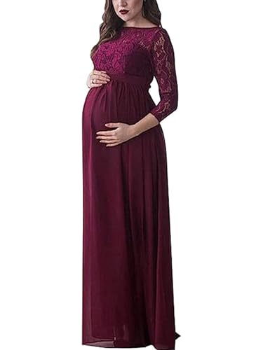 Fiacafyo Vestido de maternidad para fotografía, color sólido, con encaje y hombros descubiertos, vestido de gasa con abertura frontal, maxi vestidos de embarazo para sesión de fotos, A-rojo, XL