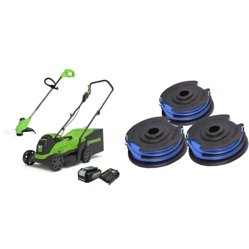 Greenworks Tondeuse à Gazon électrique 24V 33cm 30L Bac, Coupe-Bordures 25cm tête d'alimentation Automatique avec 1 Batterie 4Ah et Chargeur & Bobine Double Fil 29187 pour Coupe-Herbe Greenworks 40 V