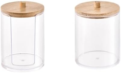 2-in-1 Cotton Swab and Pad Organizer with Bamboo Lids Clear Acrylic Dual-Compartment Storage Jars Makeup Pad Dispenser + Cotton Bud Holder for Bathroom Vanity Countertop