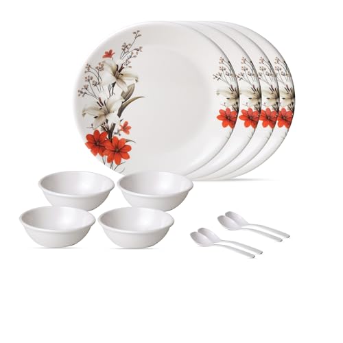 Image of Golden Fish 12 Pieces Dining Set for 4 | Full Plates with Veg Bowls & Eating Spoons Combo | Basic Dinnerware Set for Daily Meals | Lightweight, Easy to Use & Ideal for Home, Hostel & Gifting