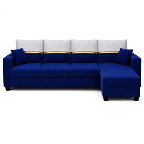 Image of Furny Arvea 8 Seater Fabric RHS L Shape Sofa Set with 1 Centre Table & 2 Puffy (Blue) | Soft Velvet Fabric | Modern Design | Comfortable Seating | Living Room Furniture