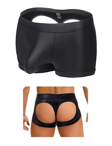 comeondear Sexy Boxershorts Herren Hinten Offen Gay Unterwäsche Große Größen PU Leder Unterhosen Männer Slip mit Bulge Pouch Wetlook Dessous Reizwäsche Hollow Out Sissy Höschen Rave Club Schwarz,XL