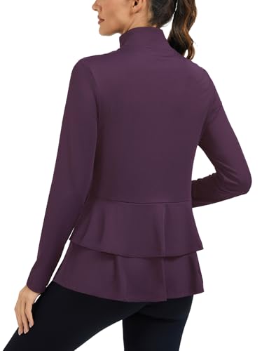 LURANEE Lightweight Zip up Shirt Women Golf Athletic Jackets with Pleated Tennis Skirt Hem Lightweight Full Zip Long Sleeve Shirts with Pockets Pink Purple L