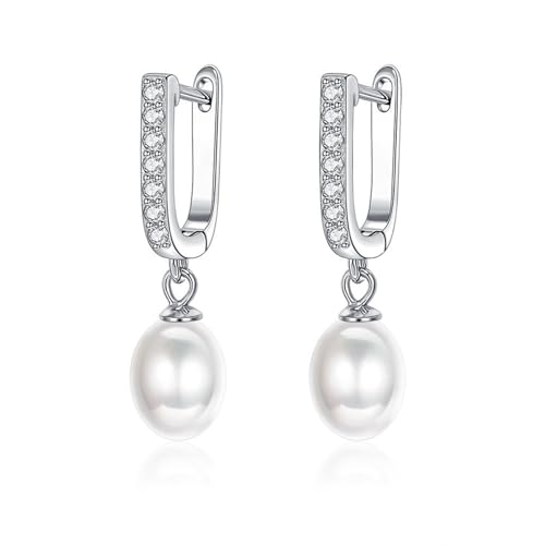 ZQHWYZ 9K Gold Earrings for Women, Round Moissanite Hoop with Pearl Dangle Earrings for Women White Gold