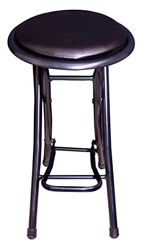 Image of IYB Home Folding Stool - Heavy Duty 21-Inch Seating Height Collapsible Padded Round Stool with Foot Rest for Kitchen, Office, Breakfast, Dorm, Rec Room or Gameroom, Black, PVC Cushioned Seat