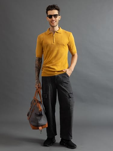 Image of CHKOKKO Men's Knitted Textured Pure Cotton Polo Neck T Shirt for Men | Stylish Soft Summer Wear Half Sleeves Solid Color | Casual Regular Fit Ribbed Cuff & Hem