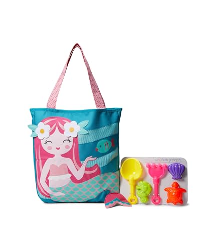 Stephen Joseph, Beach Tote with Sand Toys - Toddler and Baby Beach Toys, Travel Friendly Beach Set, 6 Piece Beach Play Set, Beach Bag with Sand Toys for Toddlers and Kids, Mermaid Large