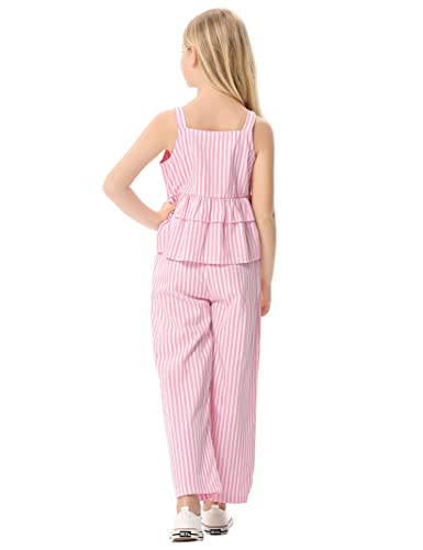 Image of Girl's 2 Piece Striped Outfits Cami Top Wide Leg Pants Ruffle Hem Summer Clothes with 2 Pockets 3-14Y