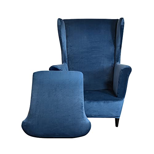 Highdi 2 Pezzi Copripoltrona con Orecchie Elasticizzato Velluto,Tinta Unita Copridivano da 1 Posto con Fodera per Cuscino,Lavabile Rimovibile per Bar Soggiorno Camera da Letto (Blu Navy)