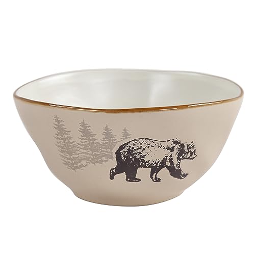 Image of Paseo Road White Pine 16 Piece Ceramic Dinnerware Set, Pine Tree Bear Deer Moose Fox Print, Modern Rustic Cabin Lodge Dish Set with Plates, Bowls, Mugs