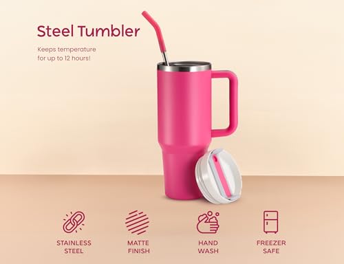 Image of KooK Stainless Steel Tumbler, with Straw and Handle, Leakproof, Vacuum Insulated Travel Coffee Mug, Reusable Double Walled Water Bottle, Keeps Hot or Cold, 40 oz, Bubblegum Pink