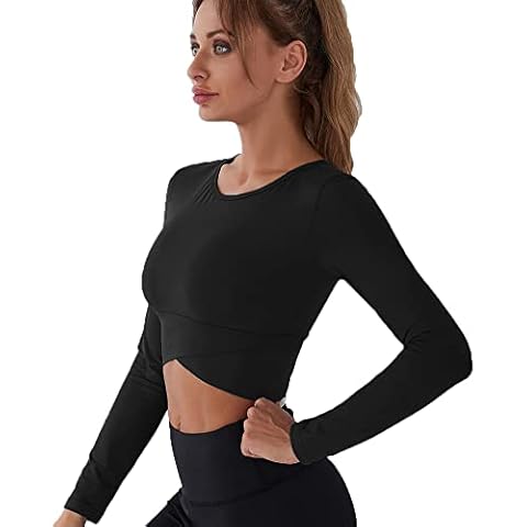 FDEETY Womens Sports Crop Top Long Sleeve Cross Wrap Workout Athletic Running Tank Tops with Thumb Hole (S) Black Cover