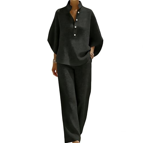Conjunto de punto gofre de 2 piezas para mujer con jersey de cuello alto y pantalón de pierna ancha
