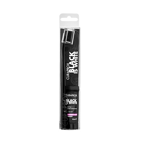 Curaprox Black is White - Set Dentifricio E Spazzolino | Per Sbiancare I Denti E Avere Un Alito Fresco | Carbone Attivo | Formato Da Viaggio Da 10 Ml