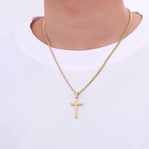Fiusem Cross Necklace for Men and Women, Gold Plated Mens Cross Necklaces with 3.5mm Cuban Chain, Stainless Steel Pendant Chain 16-24 Inches3